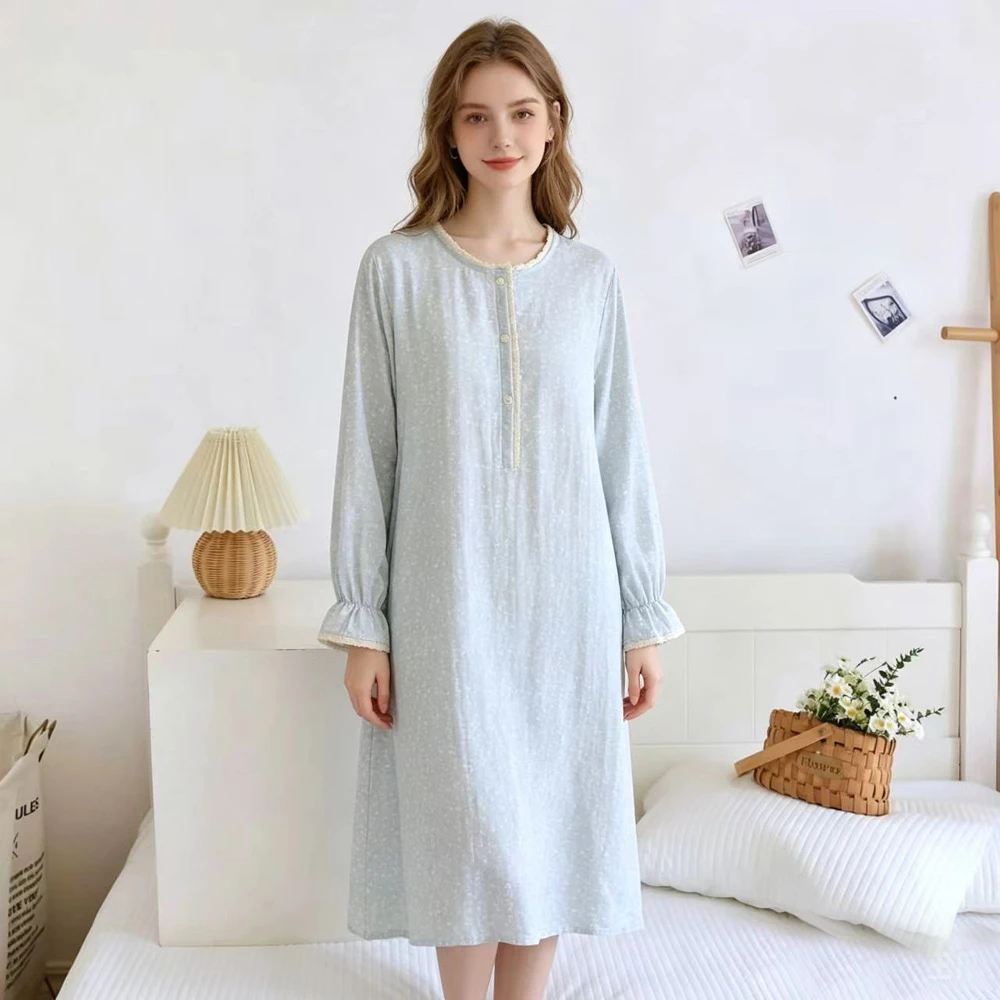 Women's Ultra-soft 100% Pure Cotton Double Gauze Nightgown Breathable Fresh Floral Long Sleeve Sleepshirt Loungewear Nightdress