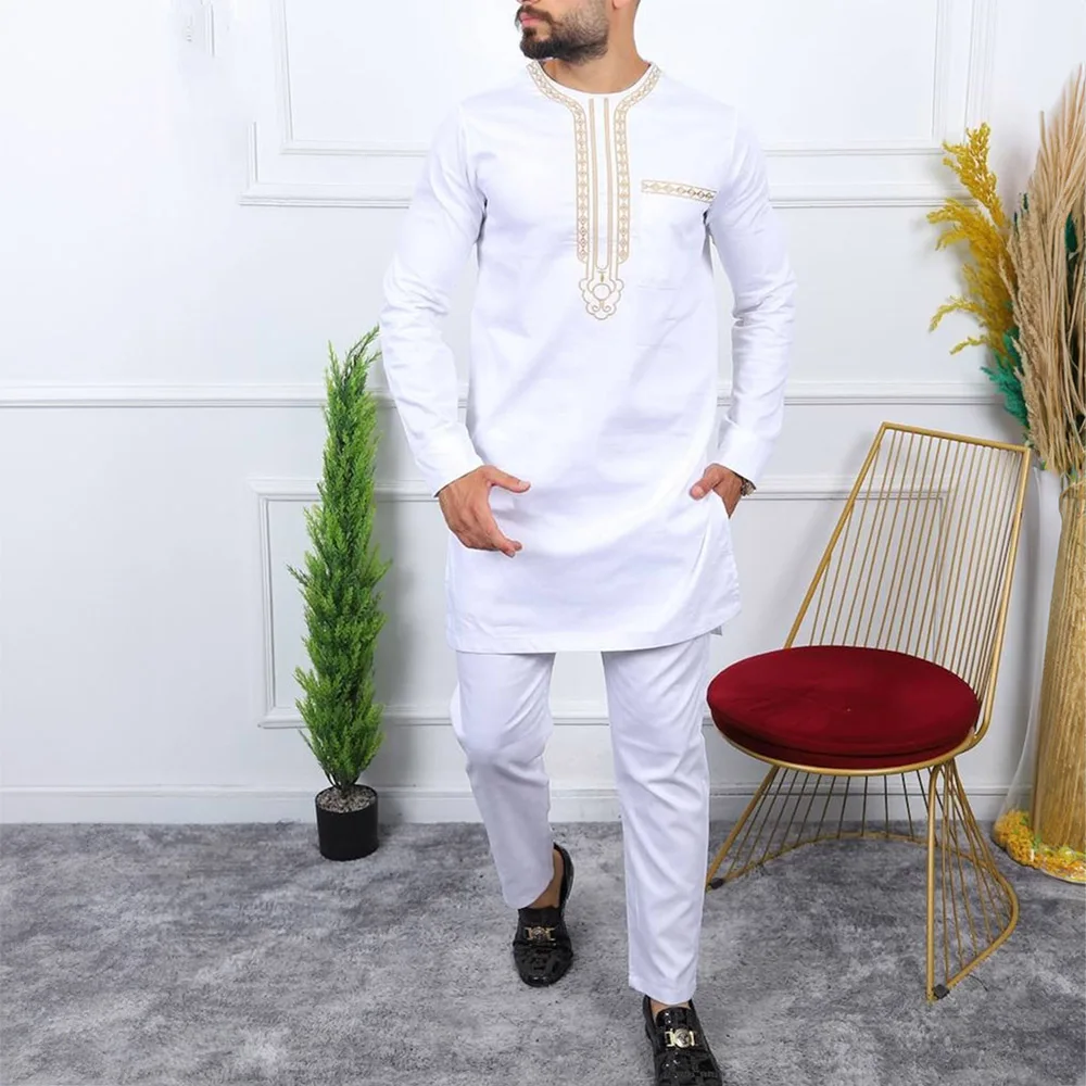 New In Summer 2pcs Kaftan African Men\'s Designer Clothing Elegant Suits For Male Pant Set Abaya Traditional Outfit Dashiki Style