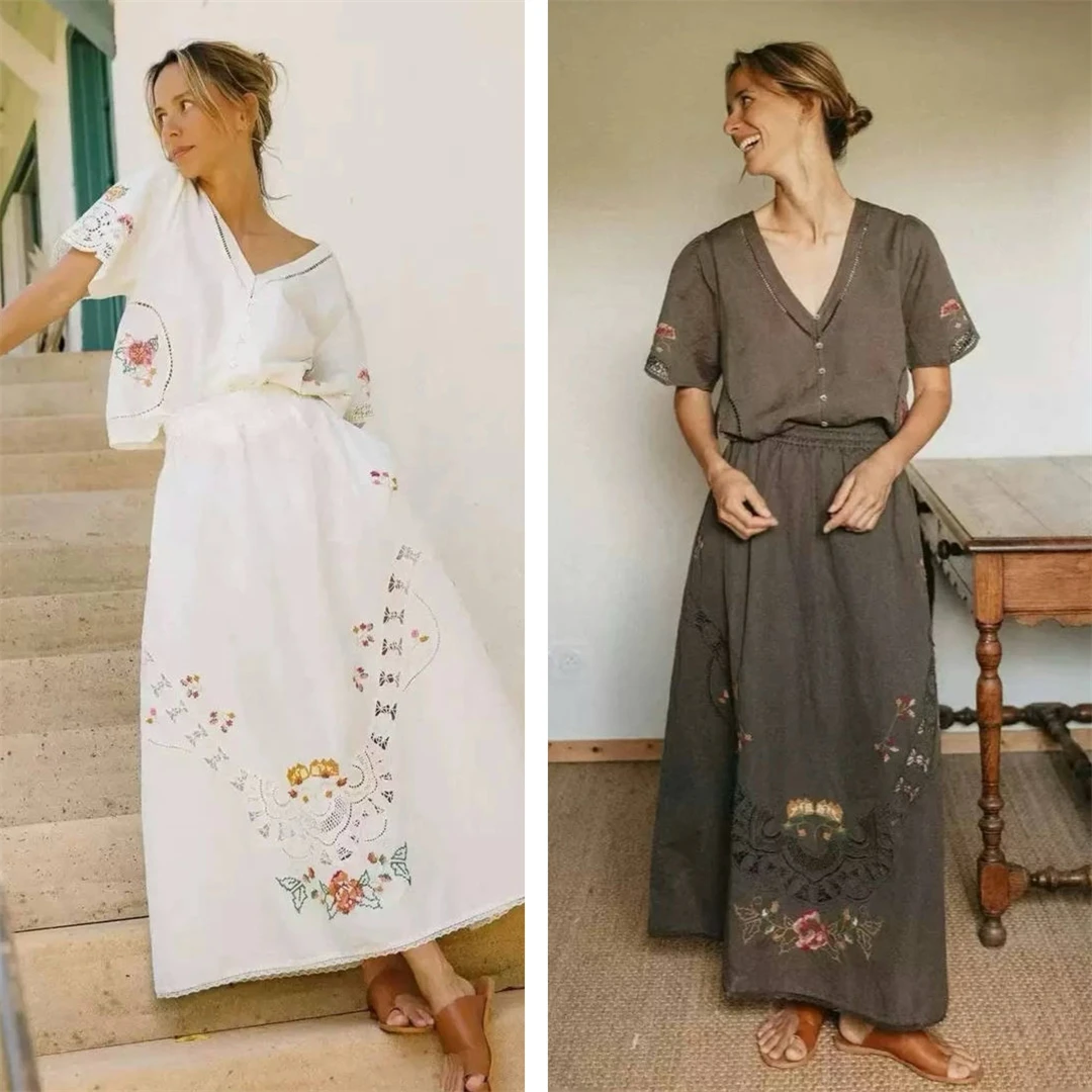 Conjunto de Dos Piezas Inco Estilo Francés, Camisa y Falda Holgadas de Mezcla de Algodón y Lino Bordadas, Top Transpirable co...