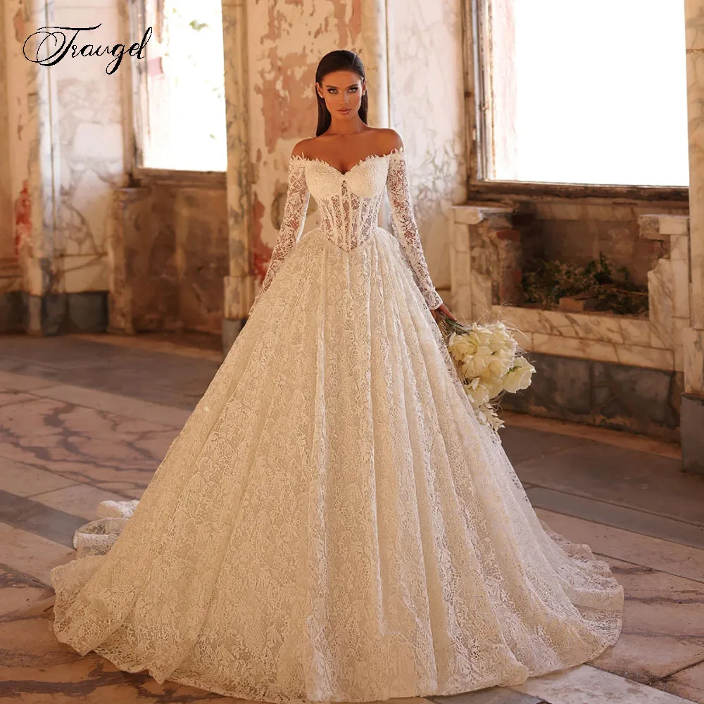 فساتين زفاف مثيرة مكشوفة الكتف على شكل حرف a مخصصة مطرزة بالدانتيل فيستدو دي نوفيا للنساء رداء دي ماري الأنيق #1