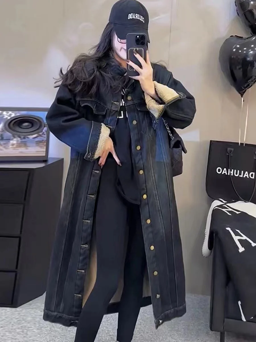 Fleece Lined Retro Single Button Mid-Length Denim Jacket Women's Loose Design Autumn New Style Casual Classy Top