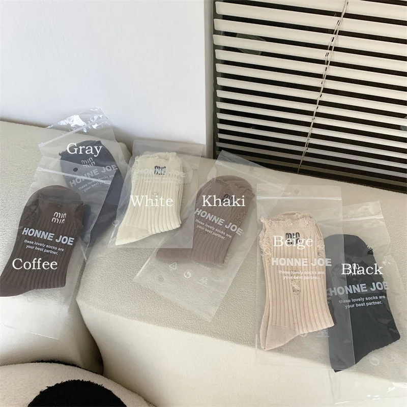 Socks for Women Brands Cotton Socks Mid Calf Trendy Holes Embroidery Letter Personality Tide Socks Solid Hip Hop Socks
