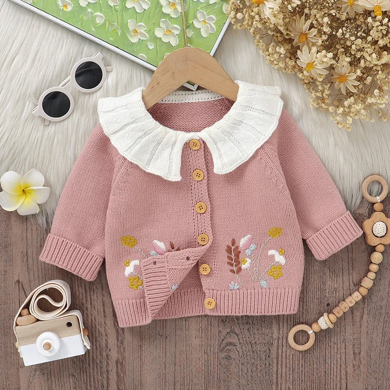 2024 New Baby Sweaters Lapel Wheat Ear Embroidered Knitted Coat Children Girl All-Match Knitwear Top Autumn and Winter Clothing