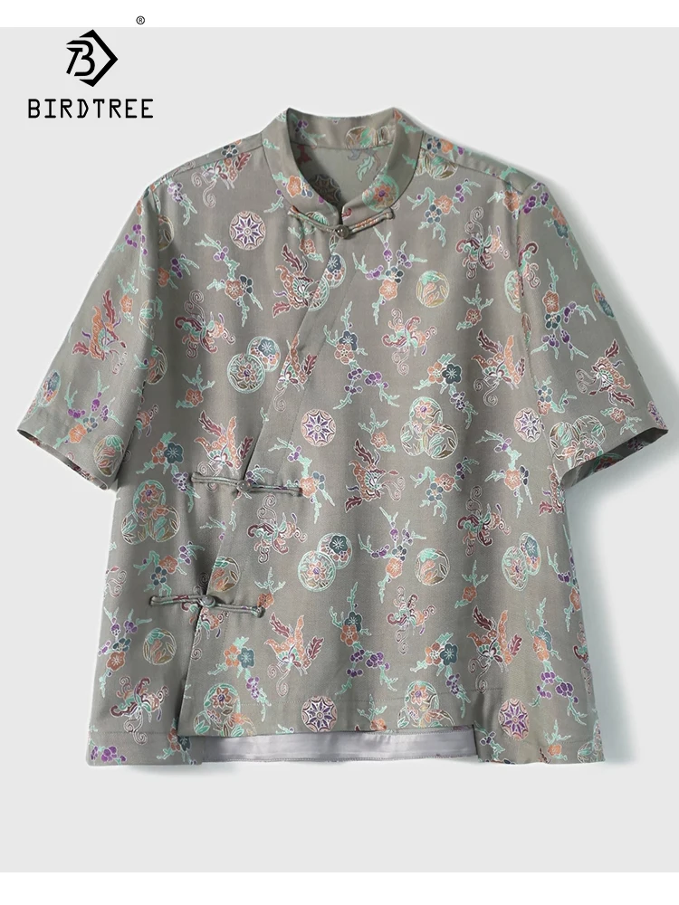 

Элегантная женская блузка BirdTree из 26,7% шелка и 73,3% вискозы, с коротким рукавом, цветочным принтом, для повседневной носки, весна 2026, новинка T62501CC