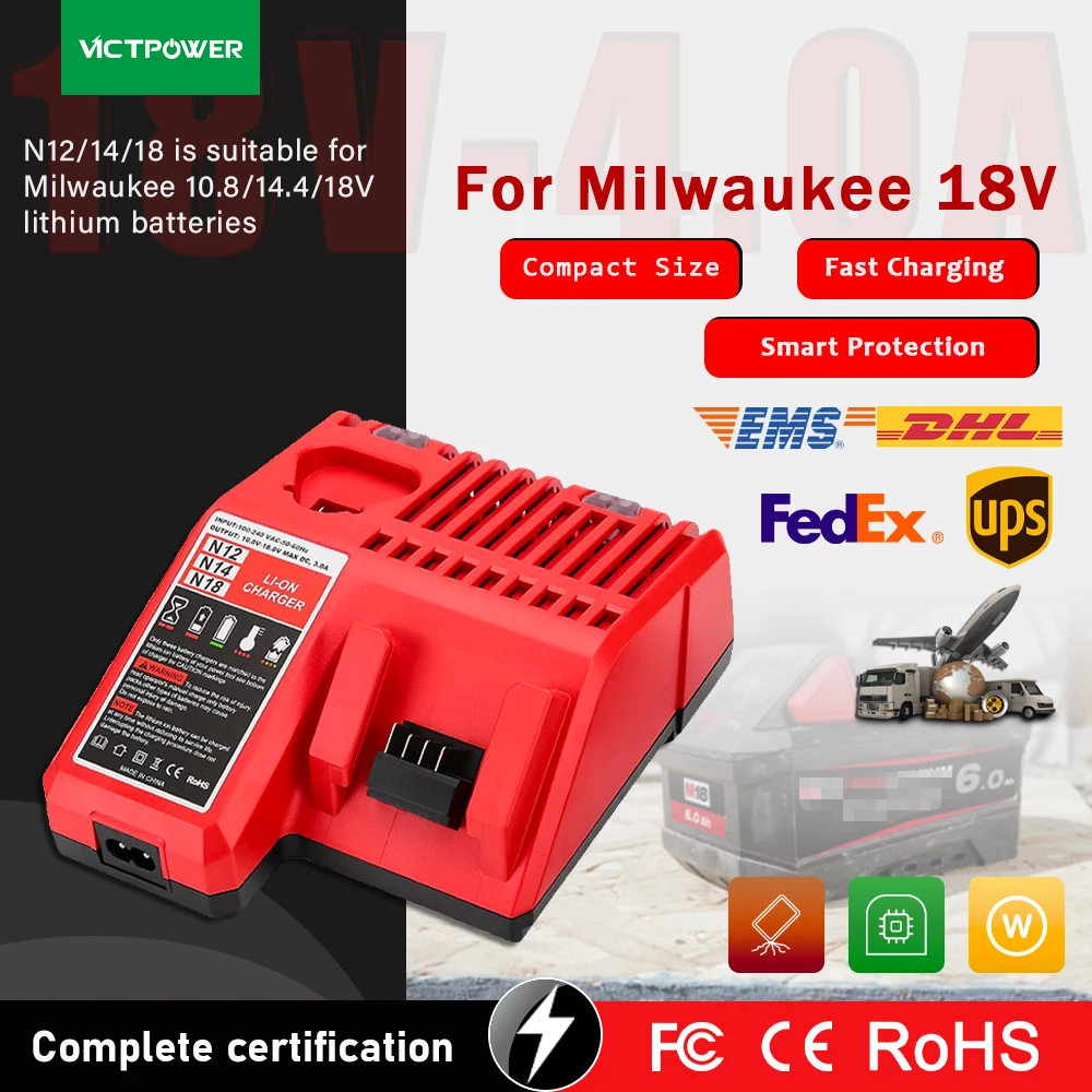 M12 & M18 Multi Voltage Lithium Ion Battery Charger for Milwaukee 48-59-1812 18V&12V Fuel Gauge XC Battery