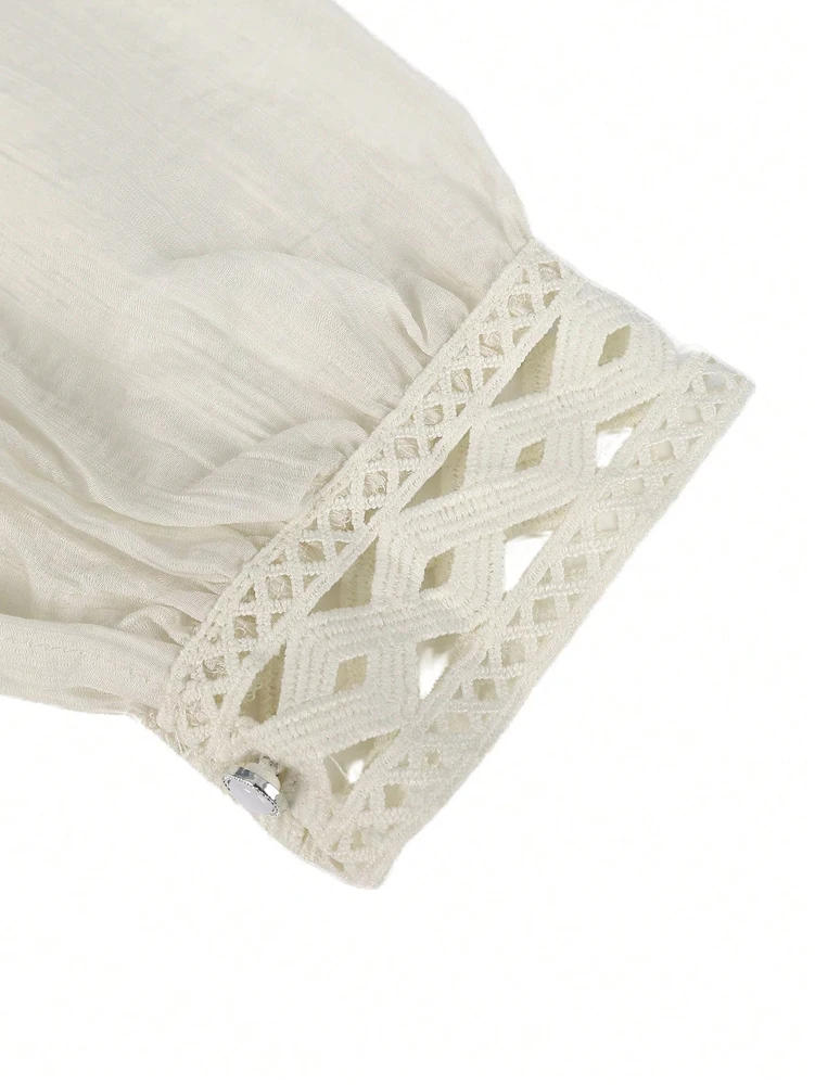 Stylisches Damen-Off-Shoulder-Oberteil mit Taillenbund, Spitzenbesatz, Langen Ärmeln und Bindedetail: Lässig und Elegant – Detail 5