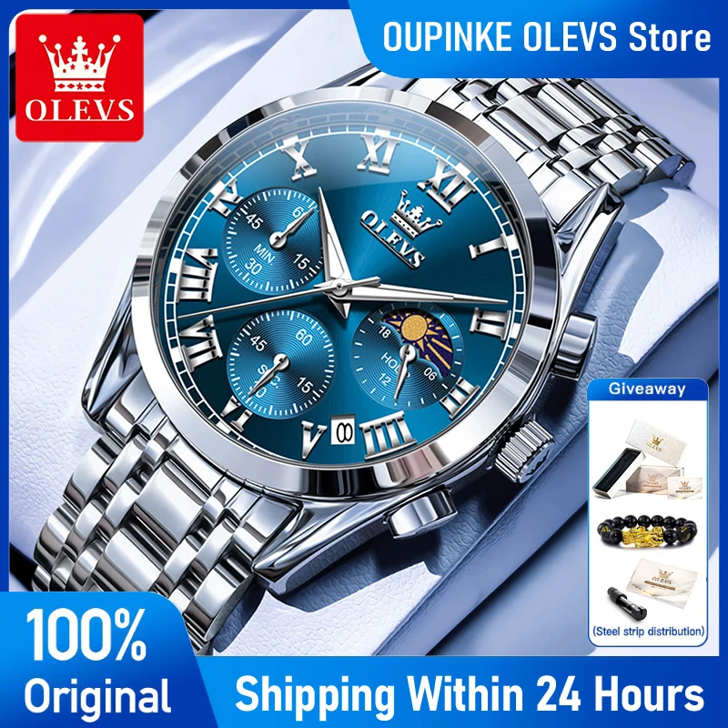 

OLEVS 2871 Mens Watches Original Multifunctional Quartz Wristwatch Waterproof Moon Phase Watches For Man Stainless Steel Reloj