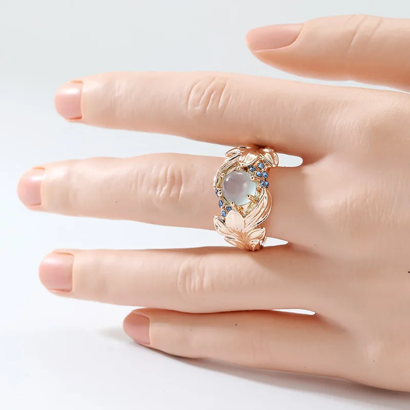 Gorgeous Inlaid Blue CZ Women's Ring Aesthetic Gold Color Hand Carving Leaf Daily Wear Party Jewelry Anniversary Gift