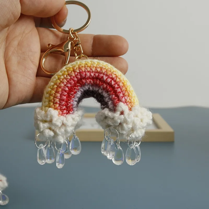 Handmade Charming Crochet Rainbow raindrops Keychain, Cute Handmade Plush Figure for Car and Bag
