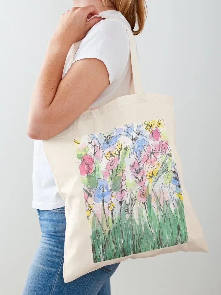 Delicate Watercolour and Ink Wildflowers - Rose, Lupin, Buttercup Tote Bag shopper bag women canvas Lady bag