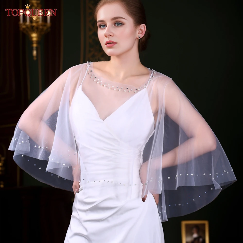 

TOPQUEEN G27B Bolero Jacket Cape Jacket Pearls Beaded Piping Round Neck Sleeveless Bridal Shawl Jacket for Party customizable