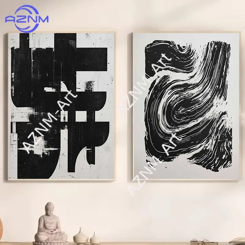 Abstract Black And White Flowing Lines Ink Landscape Poster Print Minimalist Wall Art Pictures Canvas Painting Room Home Decor