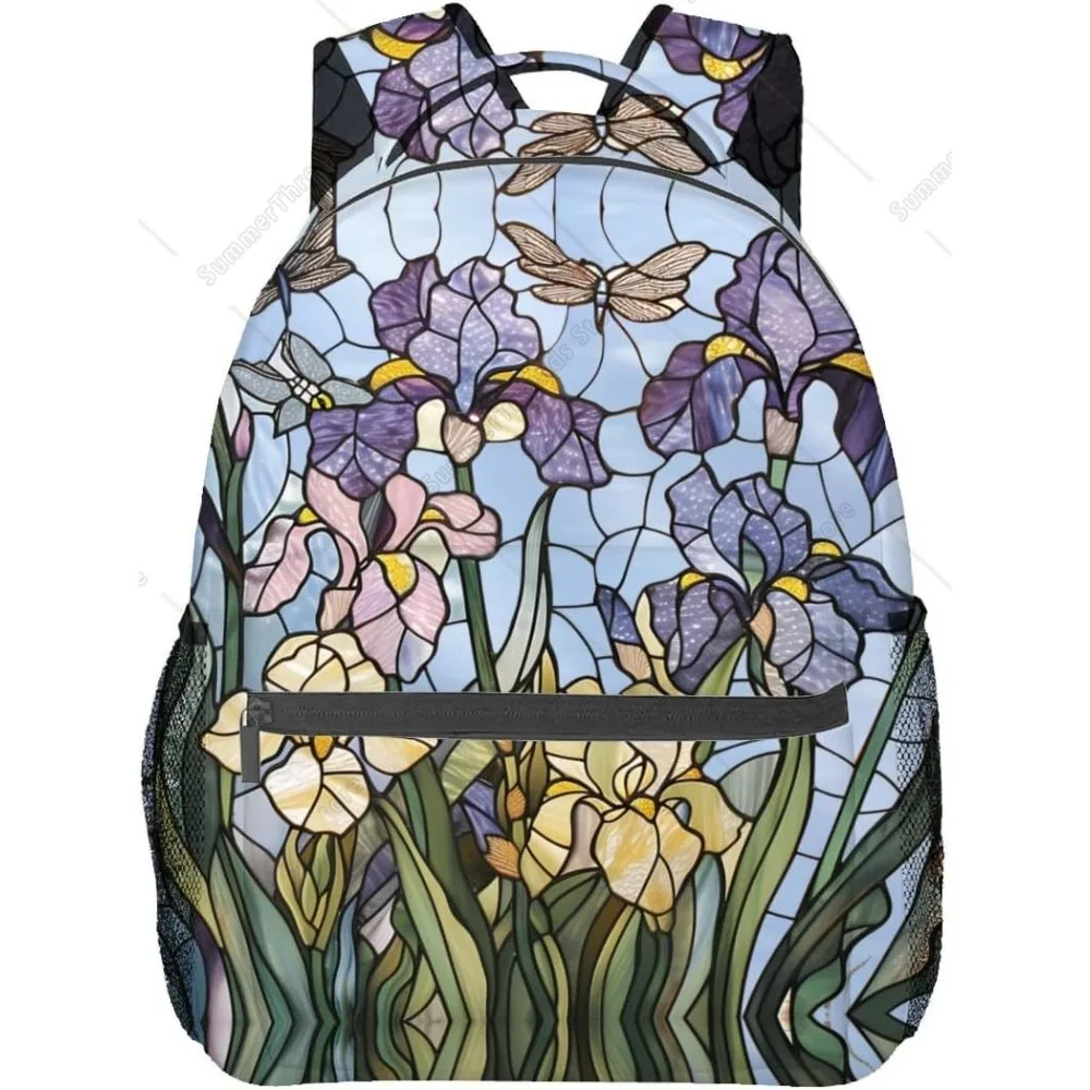 

Stained Glass Floral Backpack,Elegant Iris Dragonfly Polyester Backpacks,Lightweight Double Shoulder Back Pack For Kids Teens