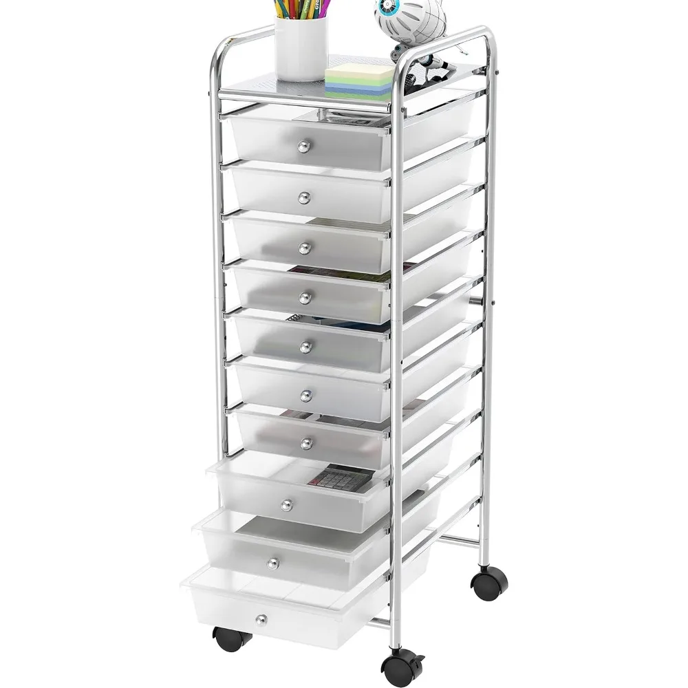 รถเข็นเก็บของแบบมีล้อ 10 ลิ้นชัก พร้อมล้อล็อคได้ สำหรับจัดระเบียบงานศิลปะและงานฝีมือ สีโครเมียม