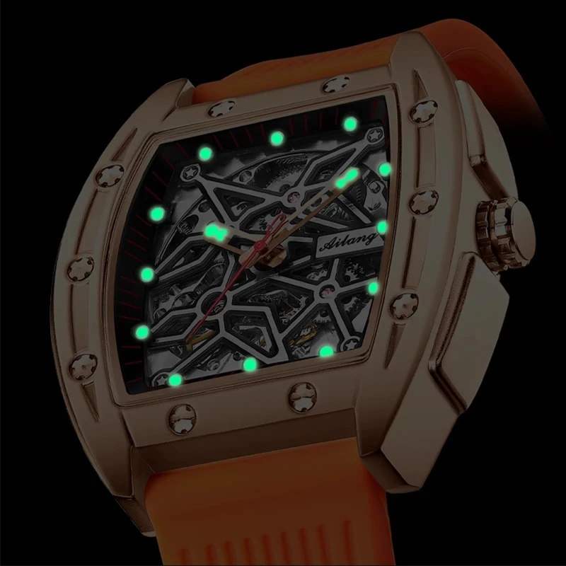 AILANG New Men Mechanical Watch Fashion Hollow Dial Casual Men Watch Silicone Strap Luminous Waterproof Relogio Masculino 8616