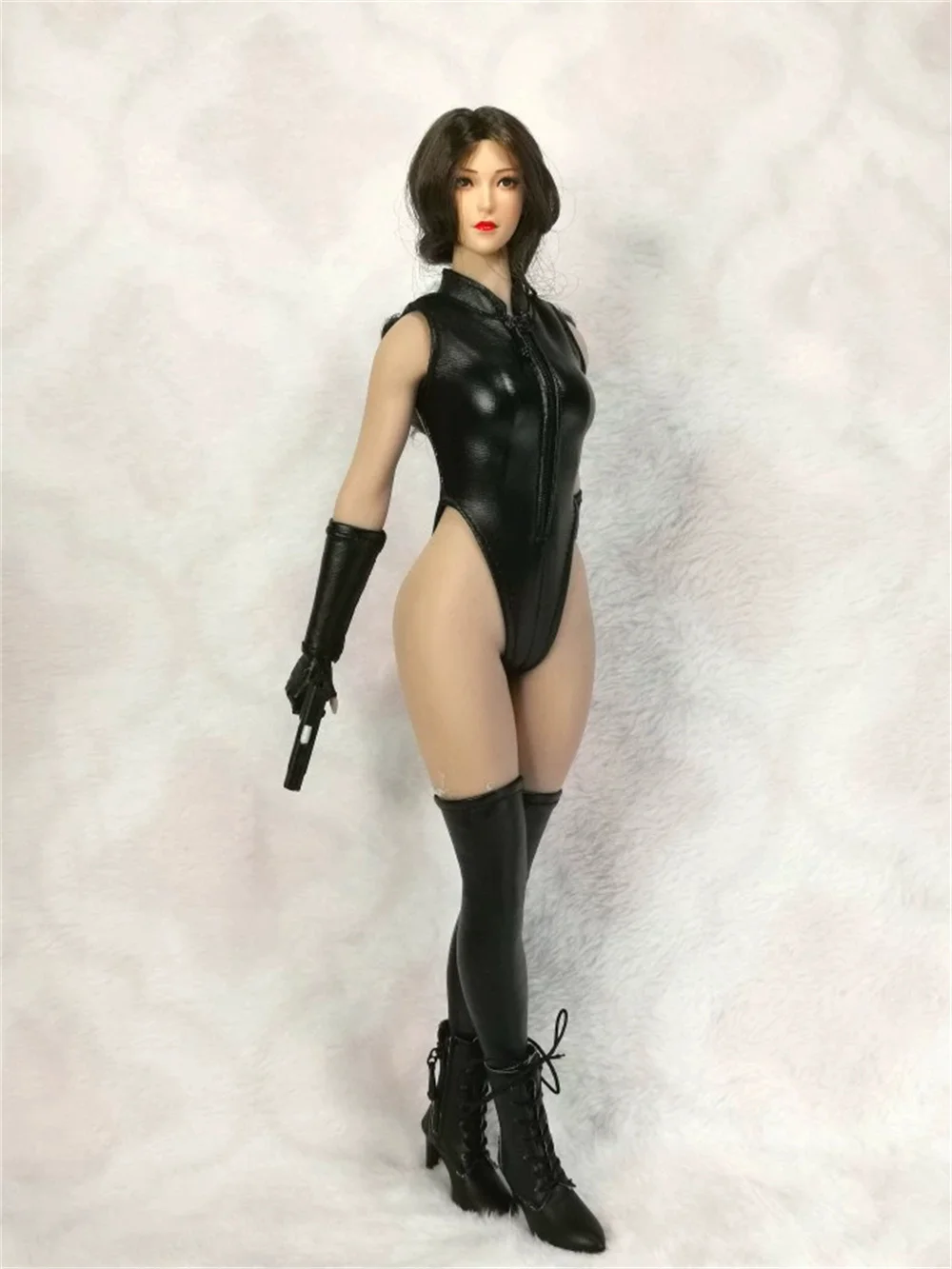 

1/6 Scale Female Bodysuit Black PU Leather Clothes Women Clothes Trendy High Fork Accessories Model for 12''Figure Body Toys