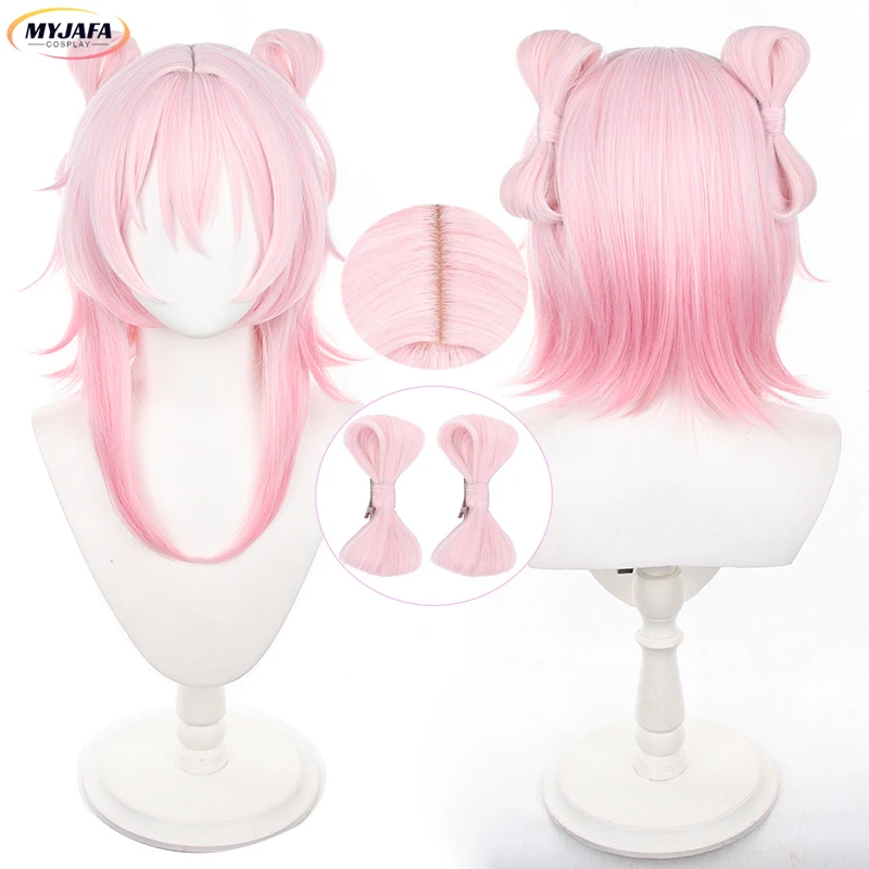 

March 7th Cosplay Wig Game Long Pink Gradient With Bow Ties Heat Resistant Synthetic Hair Halloween Anime Wigs + Wig Cap