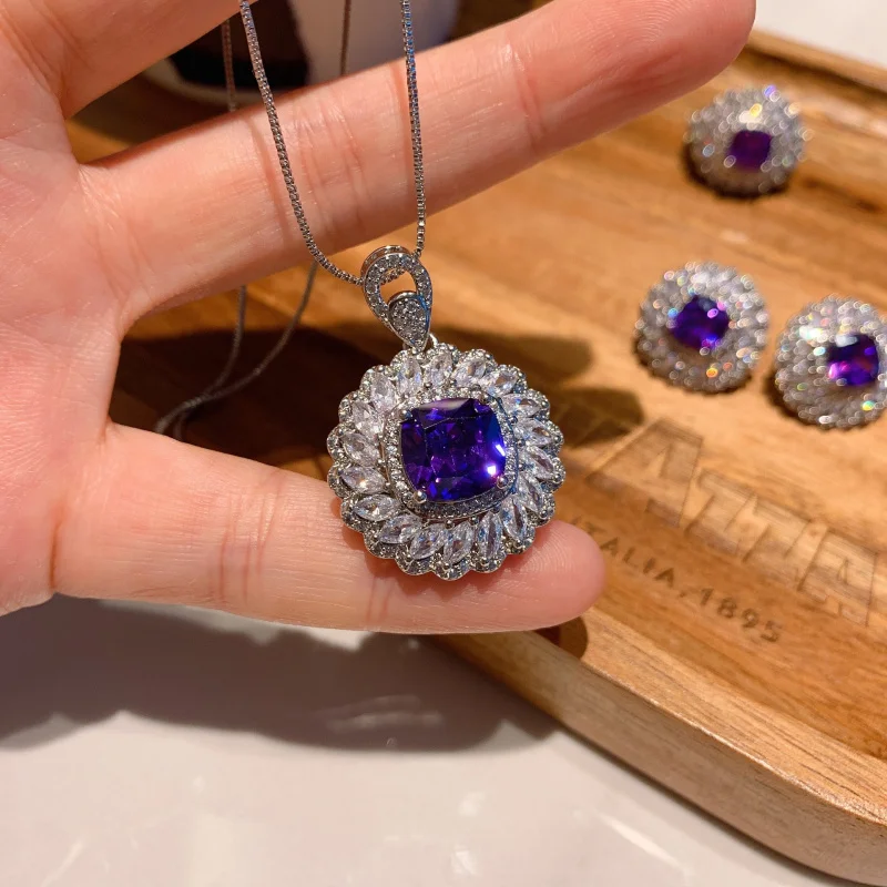 

European and American retro imitation pigeon purple zirconium square luxury inlaid pendant earrings ring jewelry set