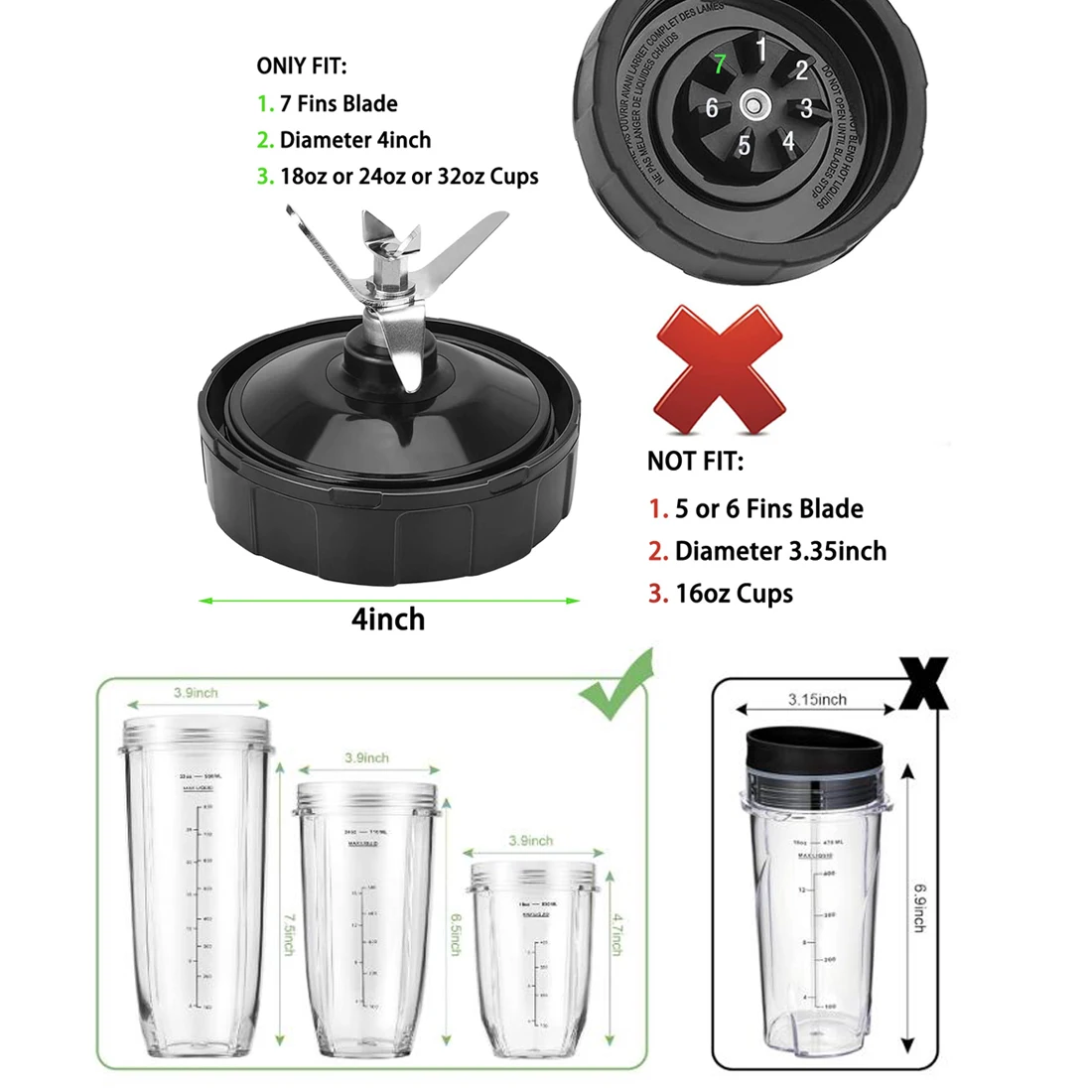 شفرة الخلاط مناسبة للنينجا، قطع غيار 7 شفرات ذكر زعانف مع حشية مطاطية، ملحقات الخلاط المتوافقة مع Nutri Ni