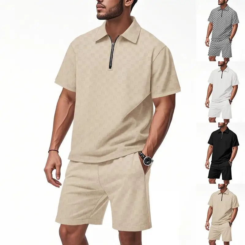 

Men's Checkerboard Suit Pullover Zipper Shirt Shorts Set Casual Sportswear Seven Sleeve Length Short Pants Autumn Collection
