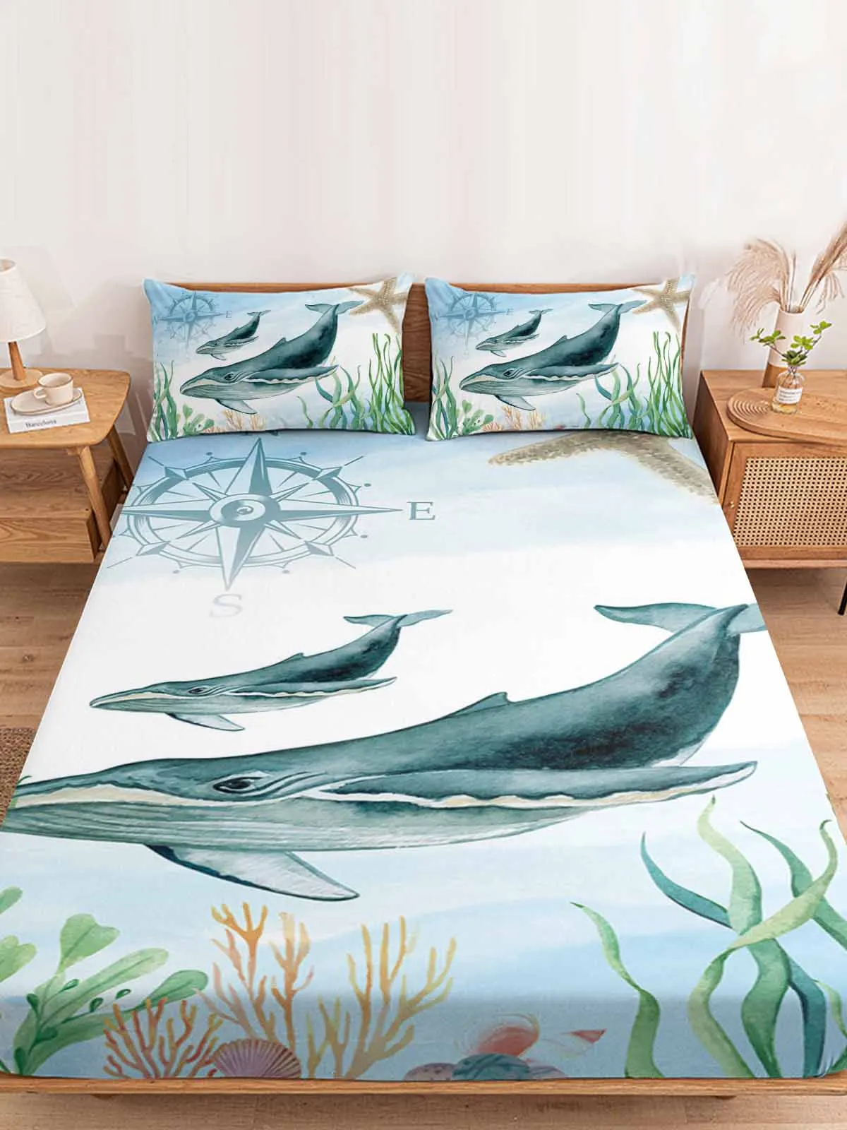 

Ocean Animal Whale Starfish Shell Fitted Bed Sheet Cover Elastic Band Anti-slip Mattress Protector for Single Double King