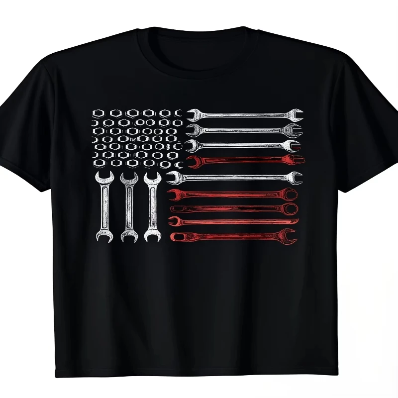 Patriotic Mechanic T-shirt American Flag Tools Print Crew Neck Gift For Auto Technicians UPS/FEDEX Air, 3-5Day Delivery