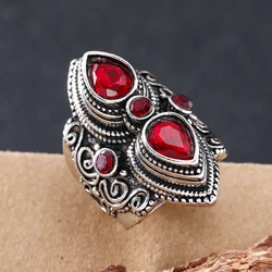 Vintage Exaggerated Boho Style Inlaid Red Zircon Large Classic Engraved Ring Women's Fine Jewelry Party Favor Accessories