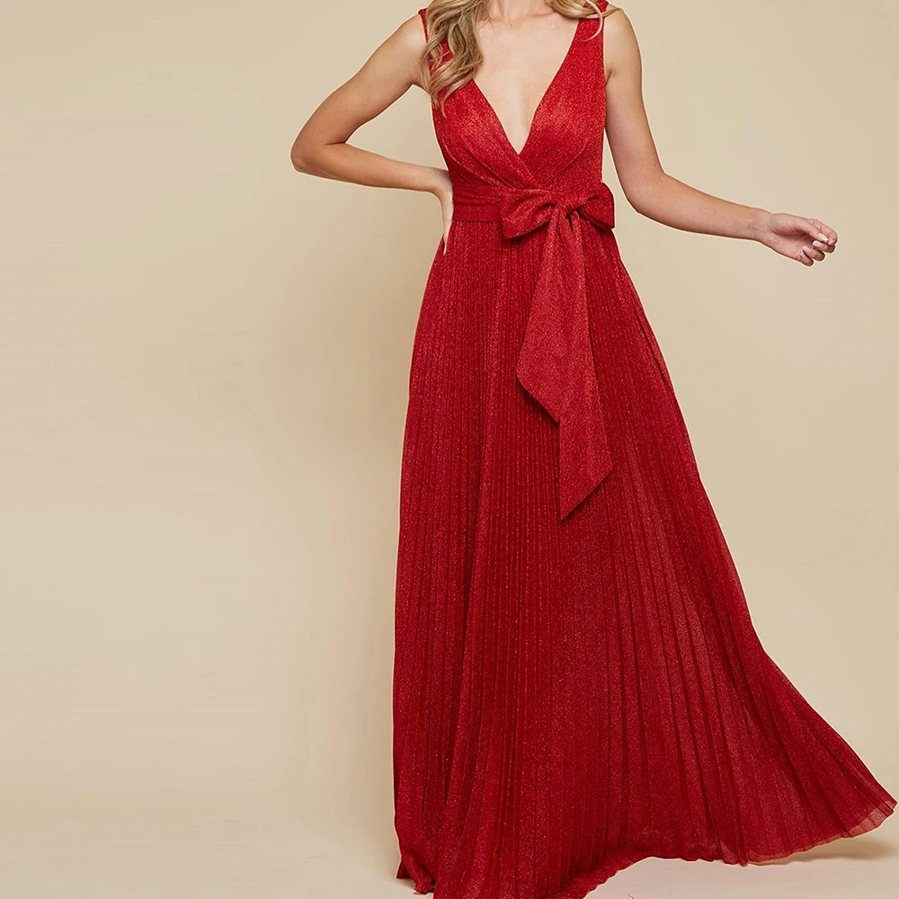 Customized Modern A-Line Floor Length V-Neck Jersey Sleeveless Pleats Evening Dress Classic Photo Color vestidos para mujer