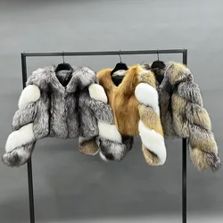 여성용 크롭 여우 모피 코트, 긴 소매 여우 모피 재킷, 겨울 천연 모피 겉옷, 두껍고 푹신한 신상