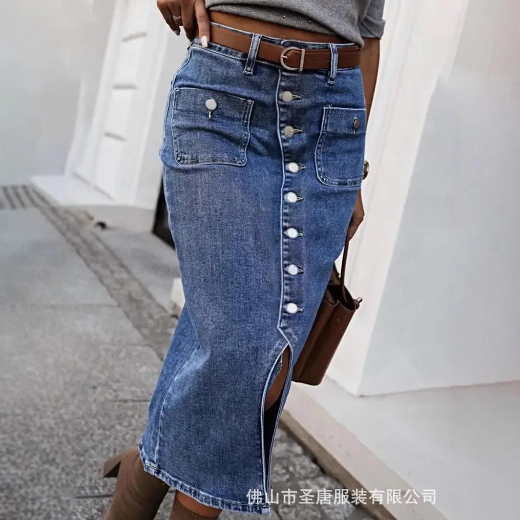 Buckle Design Casual Denim Skirt. New Fashionable and Slimming European American Style Long Skirt for Women in Spring and Summer