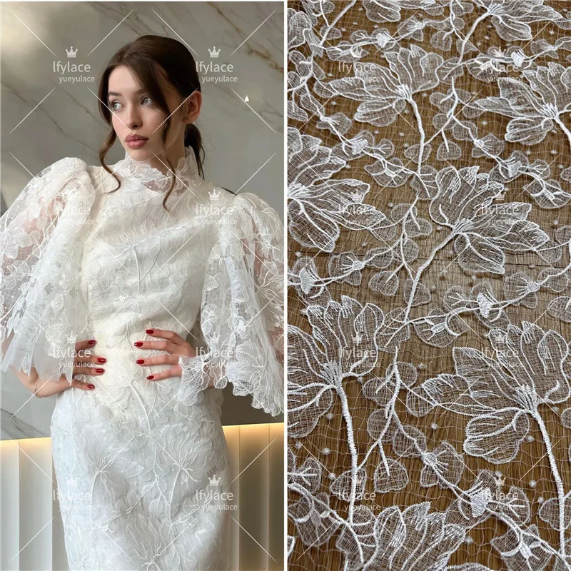 2024 New Style Off White Fabric Embroidery Guipure Lace Wedding Dress Garment Lace Fabric Sell By 1 Yard