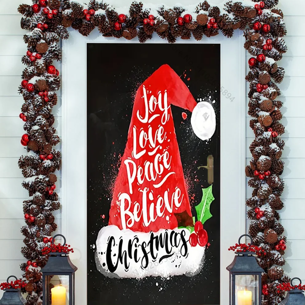 Christmas Hat Door Cover Merry Christmas Font Porch Sign Winter New Year Xmas Santa Claus Decorations Supplies for Home Party