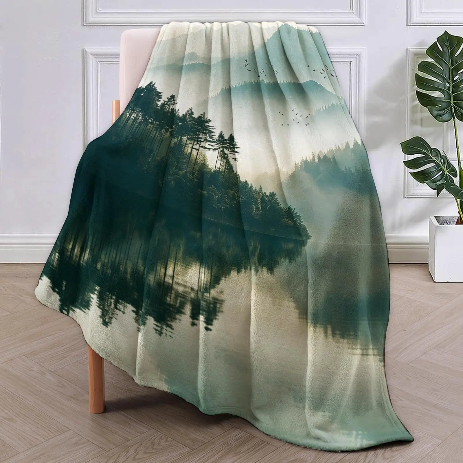 Wash-ink landscape painting digital-printed polyester Bedroom velvet flannel soft sofa cover blanket Fleece sofa cover blankets