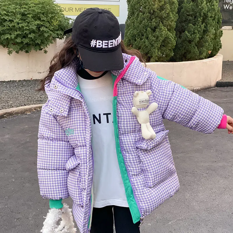 2024 Winter Keep Warm Princess Girls Jacket Grid Design Padded Lining With Velvet Hooded Heavy Coat For Kids Sent Bear Doll