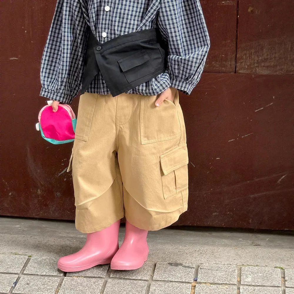 2025 Autumn New Children Cargo Pants Fashion Boys Casual Pants Cotton Girls Loose Capri Pants Baby Pocket Trousers Kids Clothes