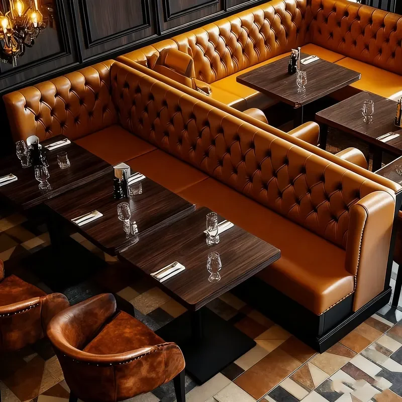 Industrial Retro Curved Cafe Bistro Table and Chair Set Coffee Shop Furniture Wood Leather Sofa Booth Seating for Restaurant