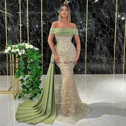 Sparkling Sage Evening Dresses Mermaid Party Prom Gowns Beading Strapless Wedding Guest Dress 2024 Off Shoulder Sleeve Back Out