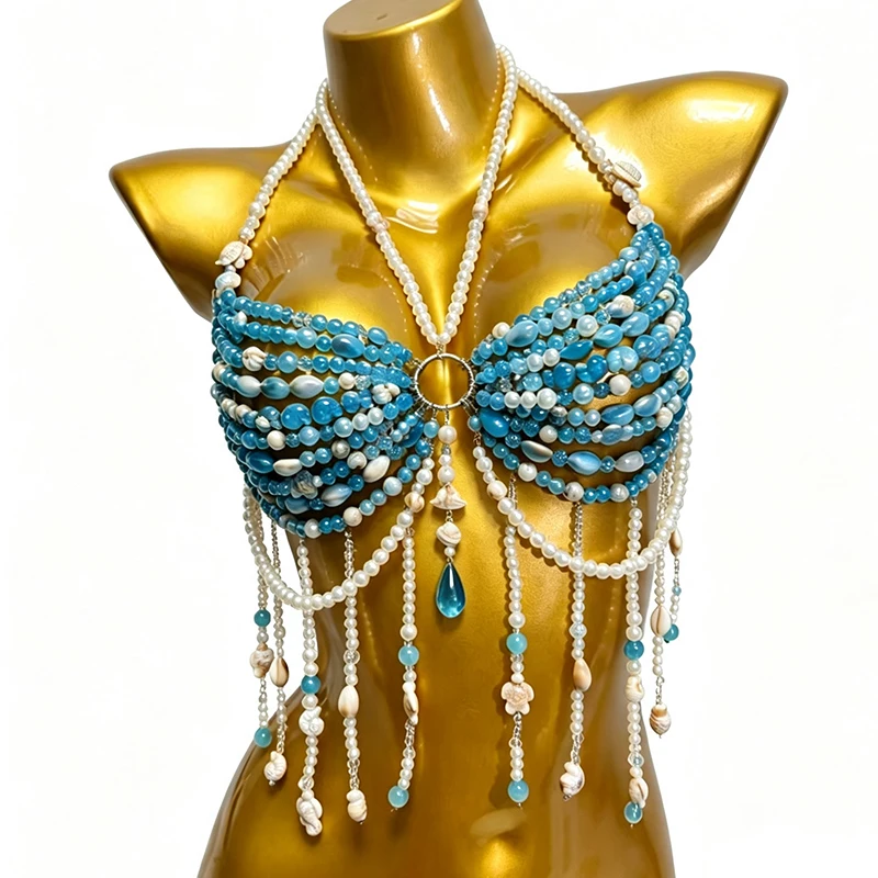 Handmade Festival Bra Top Mermaid Bridal Chest Statement Blue Gemston Crystal Body Chain White Shell Pearl Beaded Bralette - view 3