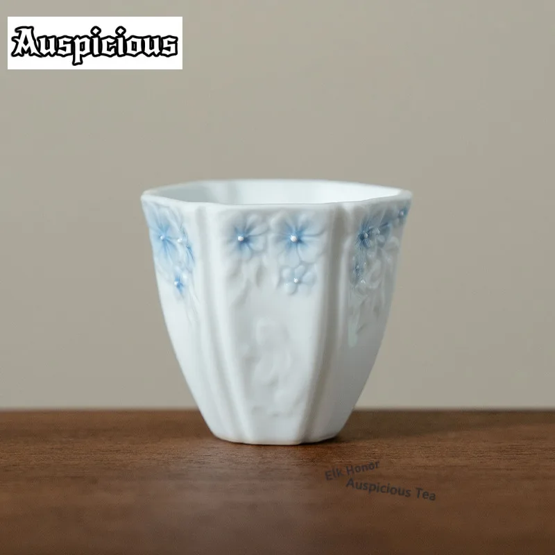 35ml Relief Cat Flower Shadow Teacup Retro Tea Bowl Sample Tea Cup Tea-tasting Fragrance Cup Jianzhan Master Cups Tea Ceremony