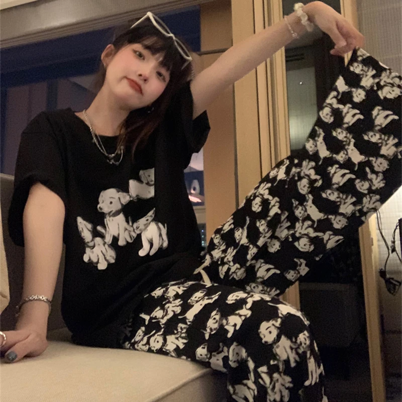 

Cartoon Dog Print Summer T-Shirts + Trousers Suit Two Piece Pajamas Set Vintage Y2K Sleepwear Casual Streetwear Home Suit Cotton