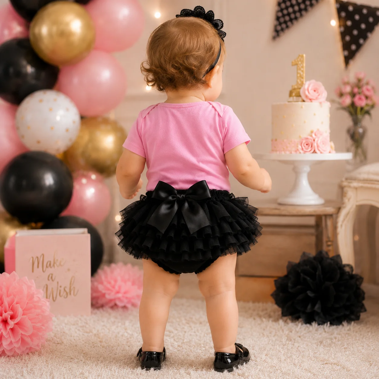 Baby Girl 1st Birthday Outfit 3Pcs Set Make A Wish Print Short Sleeve Romper Black Tutu Skirt Flower Headband 1 Year Old Cake Sm
