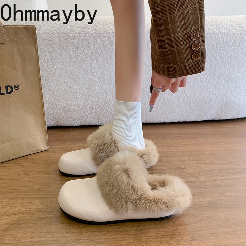 

2026 Autumn Women Fur Lining Mules Slippers Concise Warm Cotton Shoes Ladies Outdoor Cover Toe Slip On Leather Flats Slides