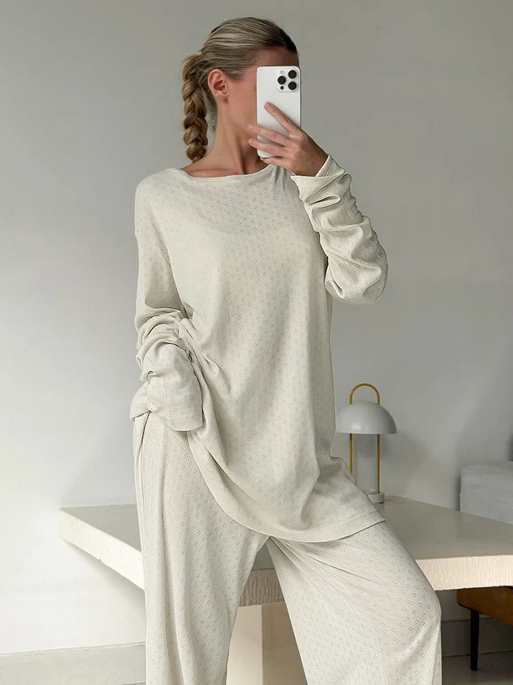 HiLoc Fashion Solid Knitted Loose Pants Pajamas For Women 2024 Autumn O-Neck Long Sleeve T-Shirts Casual Long Pants Sleepwears