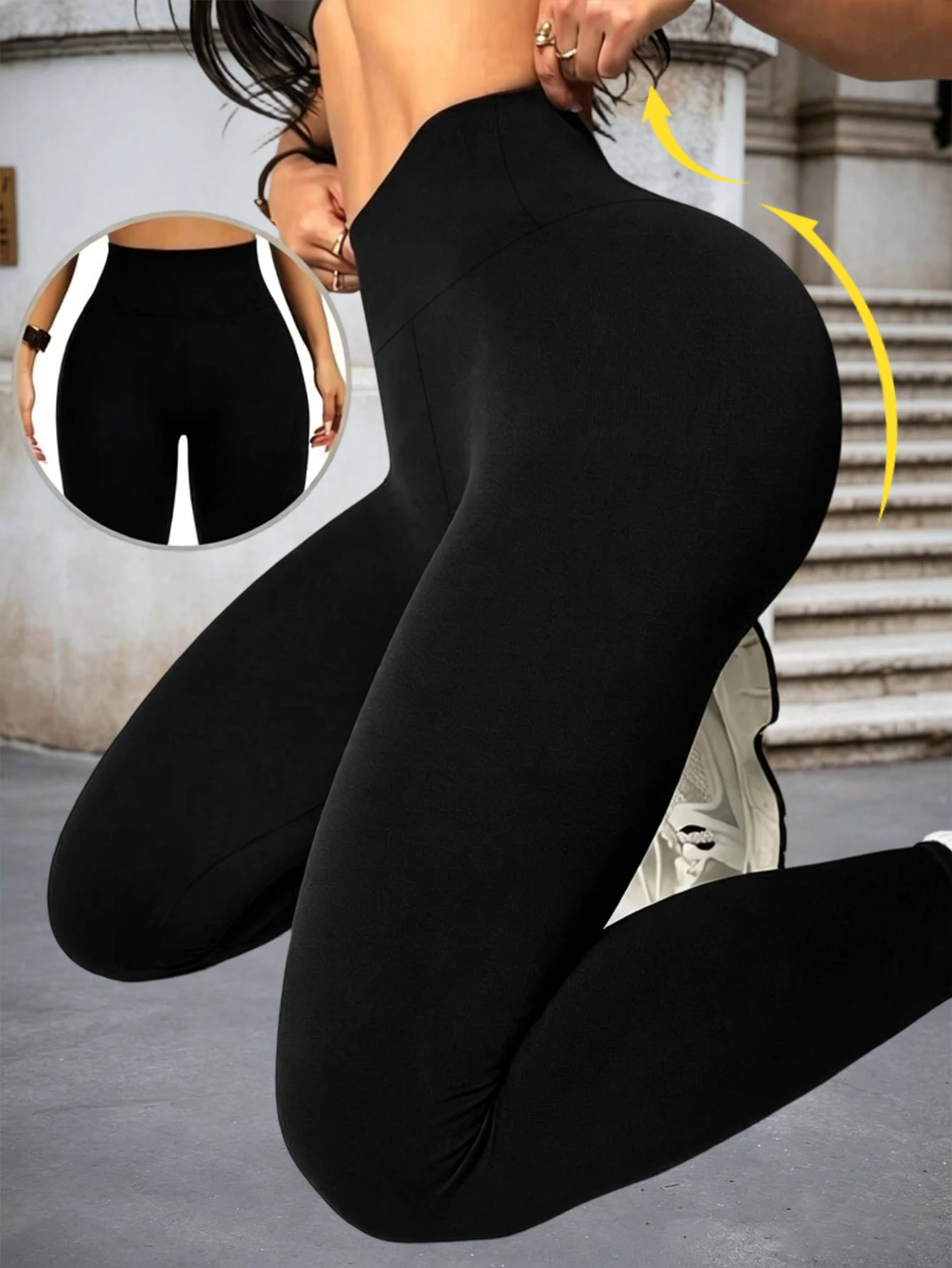 Ladies Solid Color Nine Length High Waist Sports Pants Stretch Hip Lifting Slim Yoga Leggings Outdoor Cycling Daily Trousers