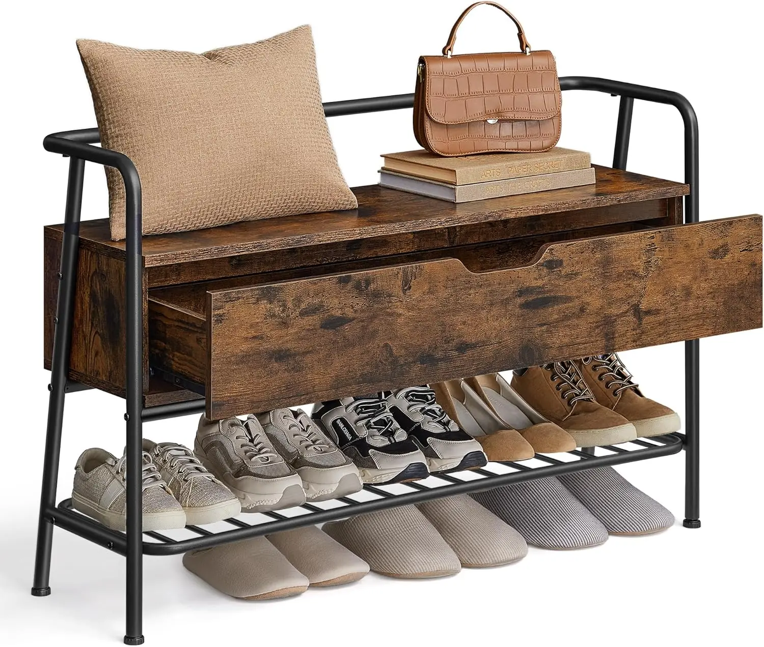 

VASAGLE Shoe Storage Bench with Seating, Shoe Bench with Organizer Drawer, Industrial Style, Steel Frame, Holds Up to 600LB