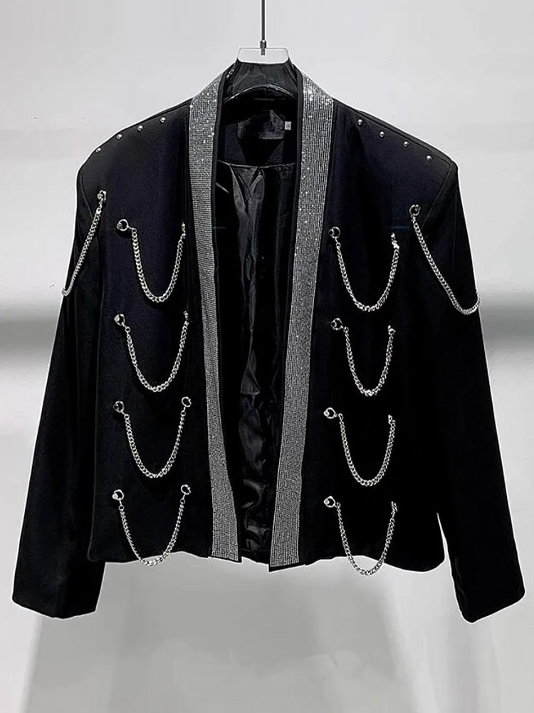 Fashion Men Metal Chain Shiny Diamonds Stage Show Jacket Short Style Loose Fit Party Coat Spring New Designer Rivet Beads Jacket