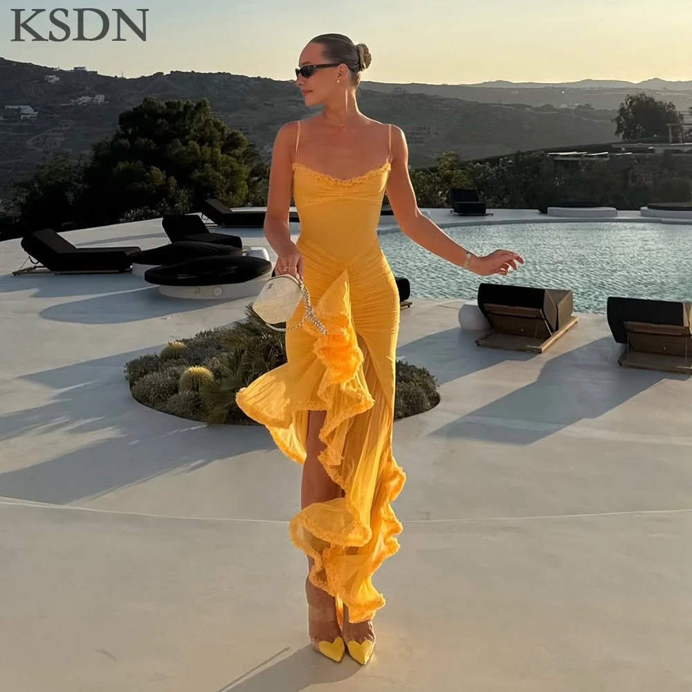 

KSDN, простые плиссированные вечерние платья на тонких бретельках, 2024, роскошные длинные платья без рукавов с оборками, иллюзия, пляжная вечеринка, Vestidos