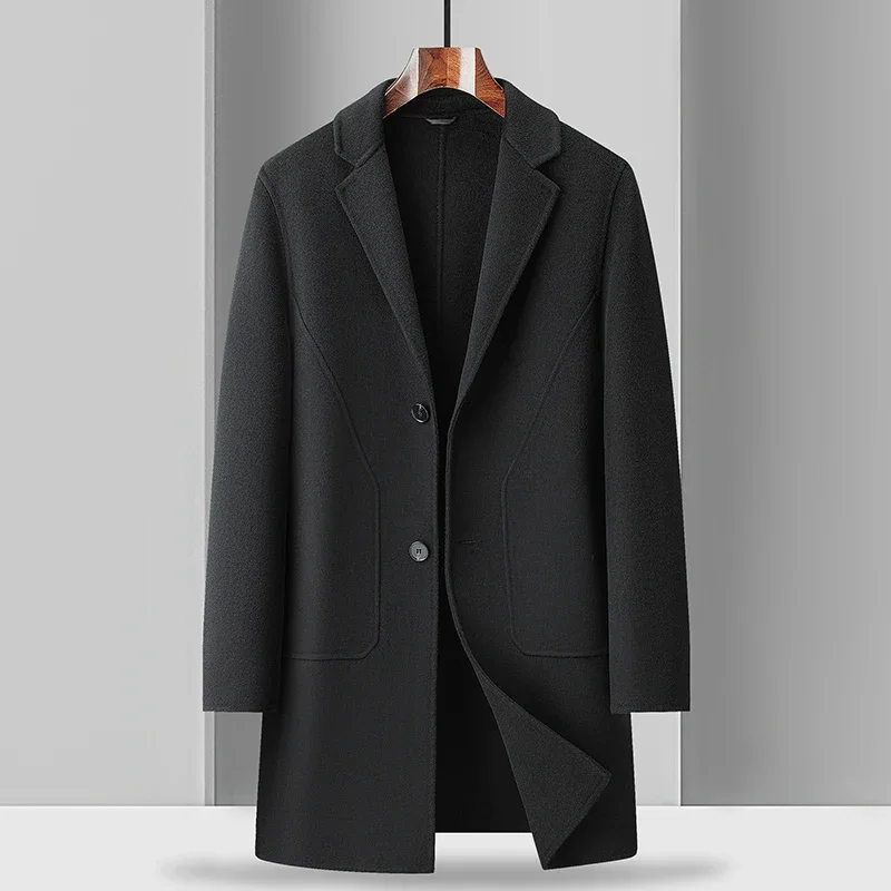 

2025 Autumn/Winter pure handcrafted fashionable long double-sided wool coat for men, casual and elegant woolen coat