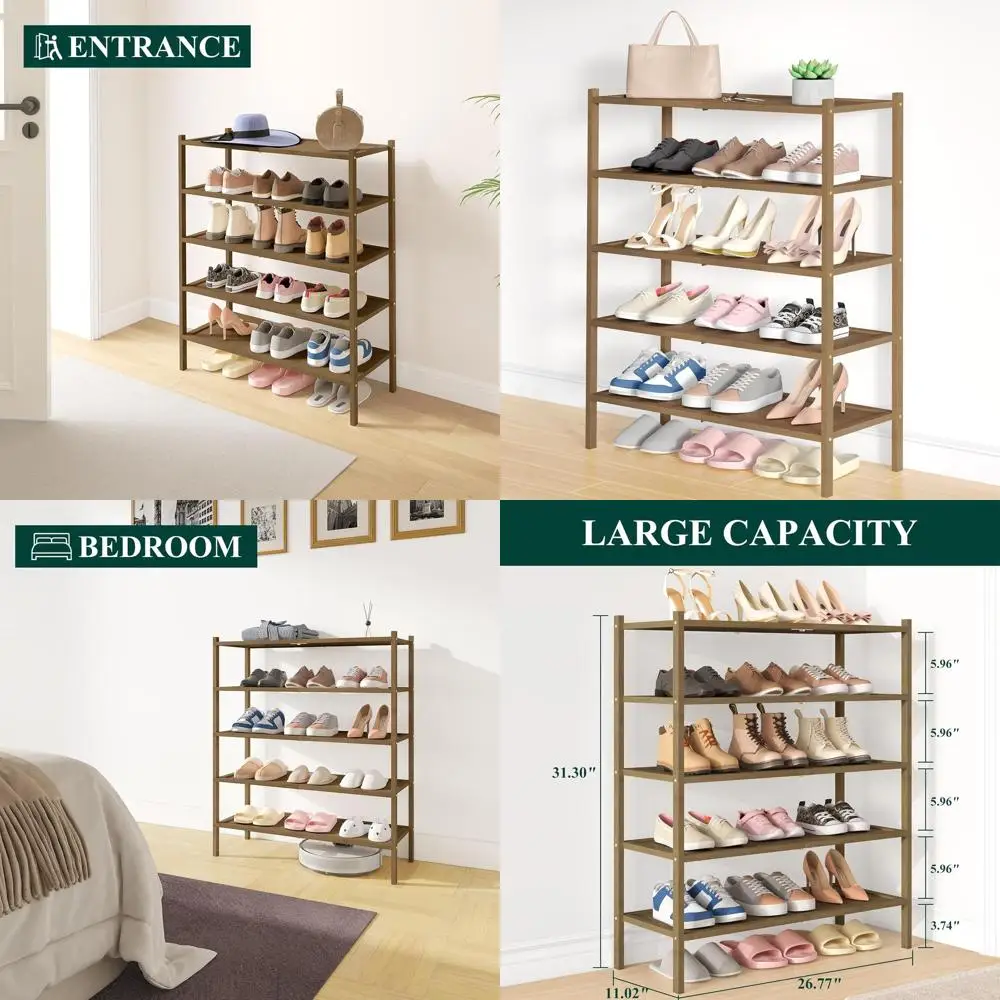 

5-уровневый бамбуковый органайзер для обуви, штабелируемая полка для хранения для прихожей, шкафа, обуви, сумок и растений, орех