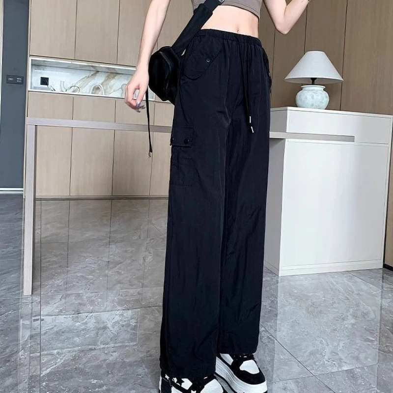 

Женские брюки из ледяного шелка с эластичной резинкой на талии, черные, большие размеры, одежда среднего размера, новые классические повседневные женские брюки Y2k Streetwear